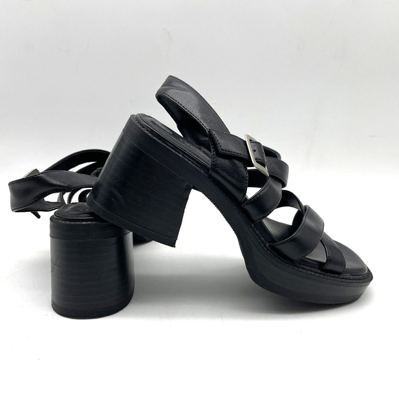 Vintage 90s Y2K Lower East Side Black Faux Leather Strappy Block Heel Sandal 5.5 - Picture 9 of 16